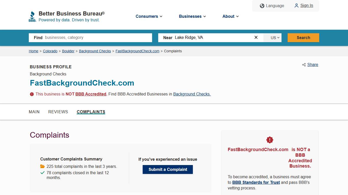 FastBackgroundCheck.com BBB Complaints Better Business Bureau